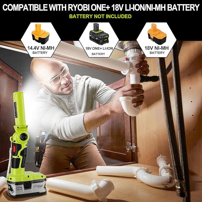 YEX-BUR LED Work Light for Ryobi 18V Battery, 12W 1000LM Protable Flashlight with Low Voltage
