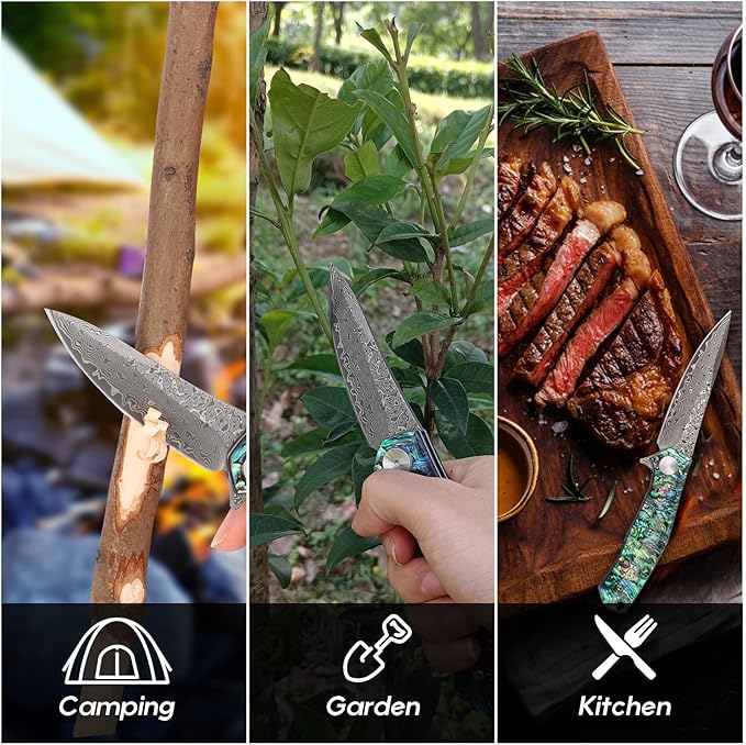 Benkey Damascus Pocket Knife with Clip Leather Sheath Sharp VG10 Core Folding Knife, EDC with Liner