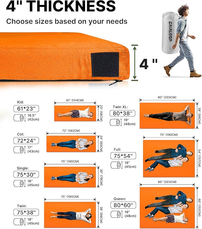 4 INCH Thick Foam Camping Mattress [Car/Tent/Cot] 30D Foam Portable Floor Sleeping Mat Cot Pad Roll