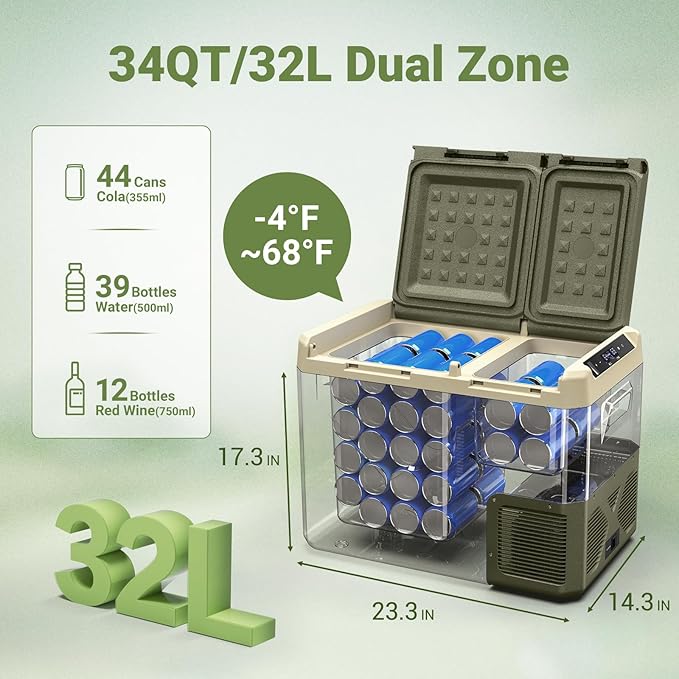 BODEGACOOLER 12 Volt Car Refrigerator, 34Quart (32L) Car Fridge Dual Zone, 12V Portable Freezer APP