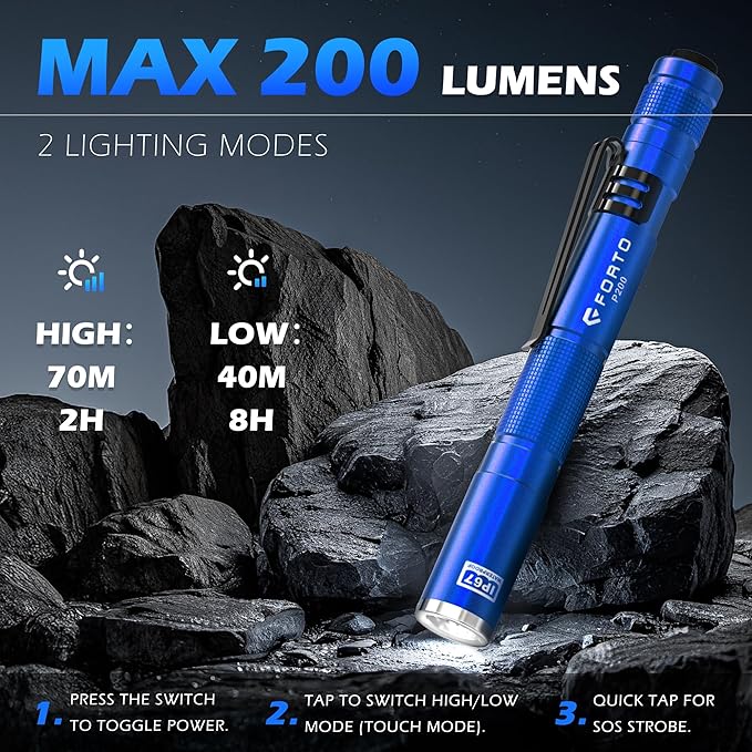 FORTO LED Pen Light, 200 Lumens Pocket Flashlight, IP67 Waterproof, 2 Modes, 2 Pack with AAA