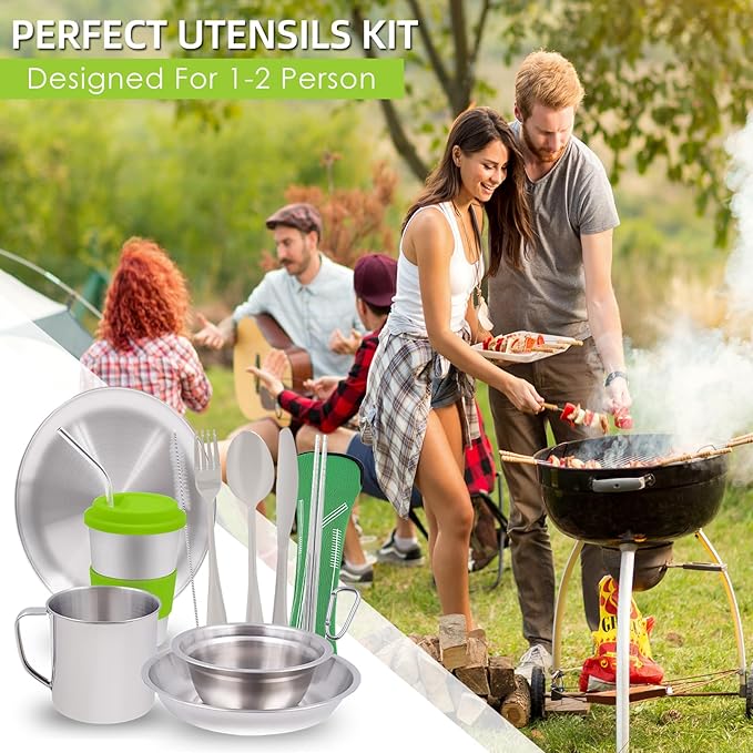 Acelane Camping Mess Kit Camping Plates Dishes Stainless Steel Camping Utensils Set Tableware