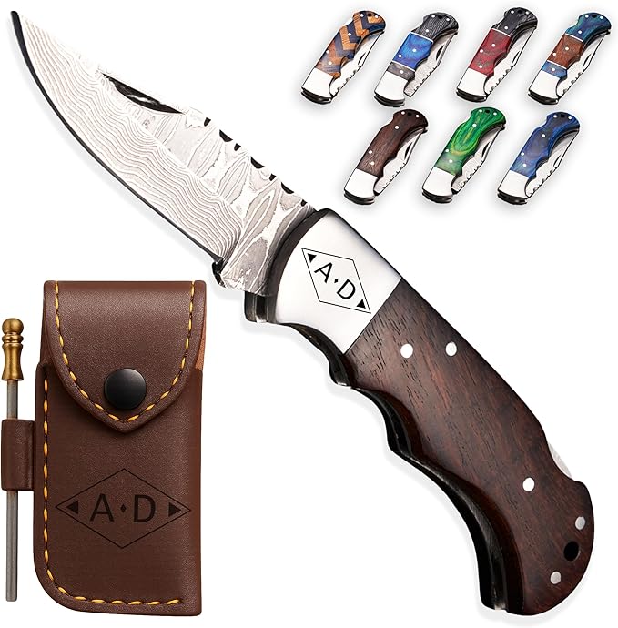 Personalized Folding Knife, Damascus Brown Pocket Knife, Custom Gift for Grandpa, Uncle, Brother