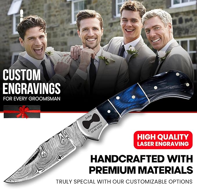 Set of 10 - Personalized Damascus Pocket Knife for Groomsmen -With Leather Sheaths - Custom
