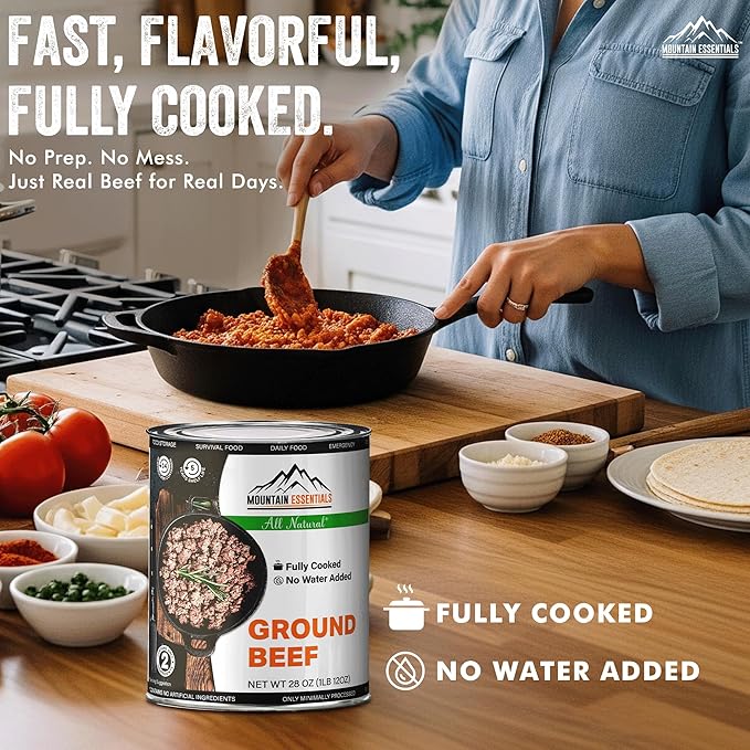 MOUNTAIN ESSENTIALS All Natural Canned Ground Beef 28 Oz – Fully Cooked, Ready to Eat Hamburger