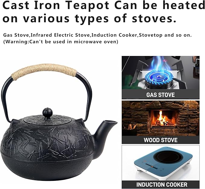 60.9oz YJX Cast Iron Teapot, Japanese Tetsubin Tea Kettle for Stovetop Safe, Cast Iron Tea Pot with