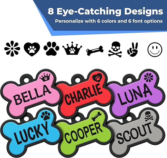 GoTags Silicone Dog Tags, Soundless Pet Tag, Personalized Silent Tag Engraved for Pets with Cute