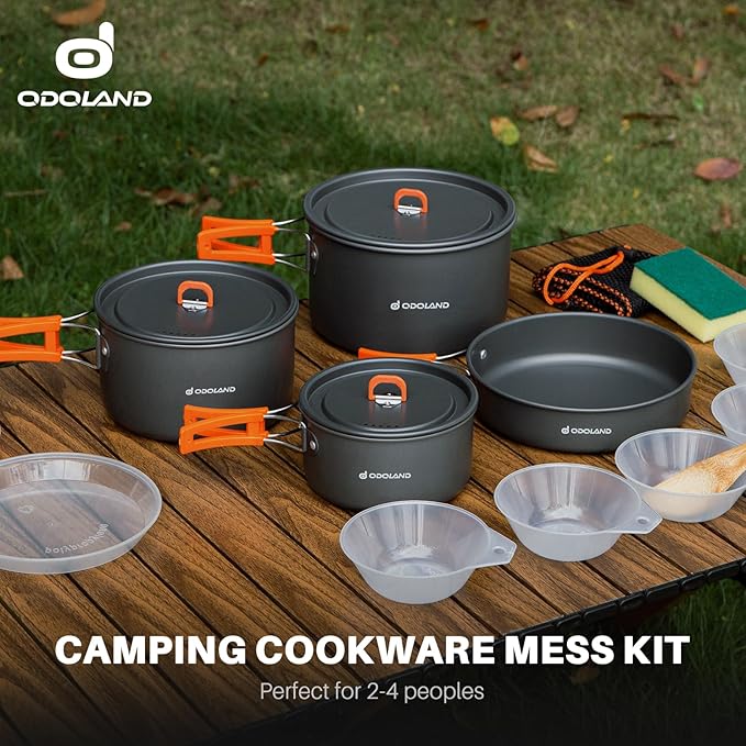 Odoland 15pcs Camping Cookware Non-Stick Lightweight Camping Pots and Pans Set with Plastic Plates