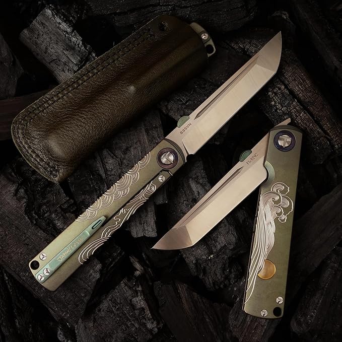 Handmade CPM-S35VN Powder Steel Japanese Pocket Knife, TC4 Titanium Alloy Handle, Camping and