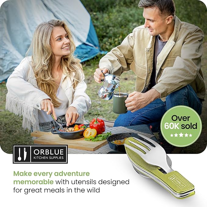 Orblue 4-in-1 Camping Eating Utensils, 2-Pack - Portable Spoon, Fork, Knife & Bottle Opener Combo