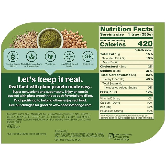 SEEDS OF CHANGE Organic Protein Bowl Garden Pesto, Prepared Entrée, Microwave in 90 Seconds, 9 oz