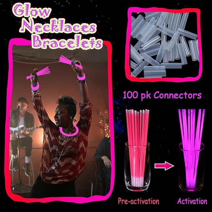 100 pk 8" Pink Glow Sticks Bulk Party Favors, Light up Glow Necklaces & Bracelets in the Dark Party
