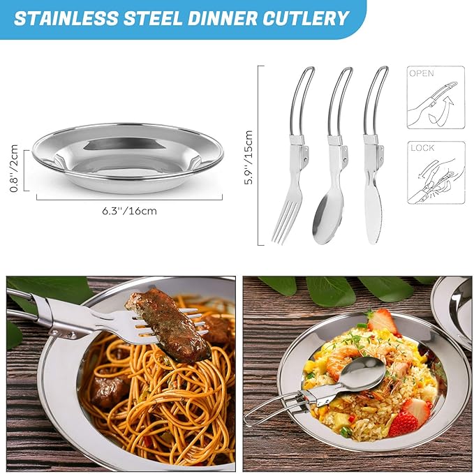 Odoland 15pcs Camping Cookware Mess Kit, Non-Stick Lightweight Pots Pan Set with Stainless Steel