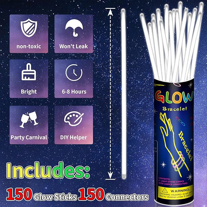 150 Pack 8??White Glow Sticks Bulk with 150 Connectors Neon Glow In The Dark Party favors Supplies