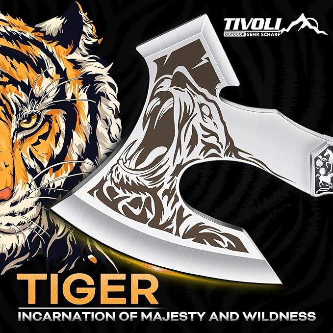 TIVOLI Camping Axe, Tiger - Patterned Survival Hatchet with Nylon Sheath, High Carbon Steel Blade