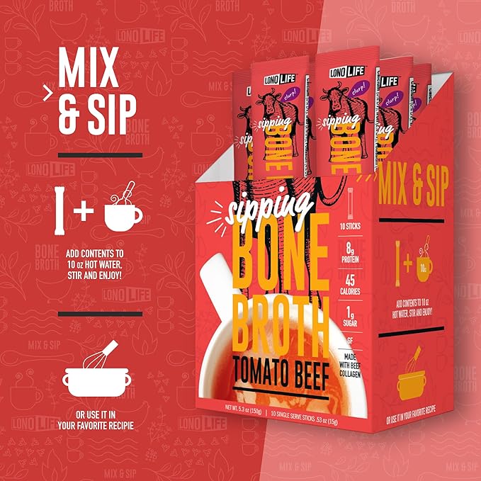 LonoLife Tomato Beef Bone Broth Powder Mix | Grass-Fed, 10g Protein | Collagen-Rich, Keto & Paleo