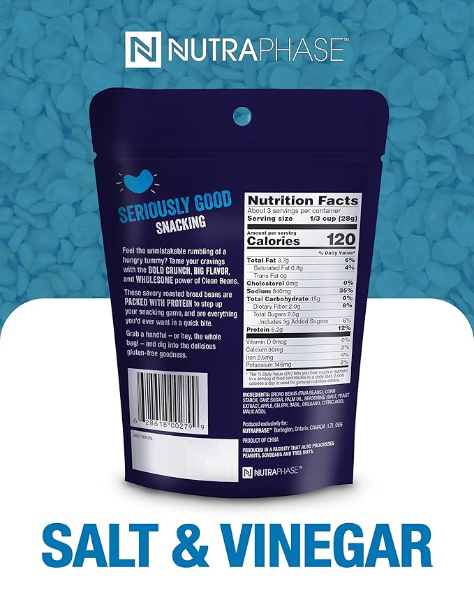 Clean Beans Broad Fava Beans Snack - Salt & Vinegar Flavor, 6g Protein, Low Sugar, Non-GMO