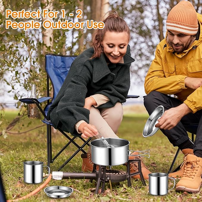 14 Piece Camp Cooking Set, Stainless Steel Camping Cookware with Pot and Pan Kit 2 Set Stainless