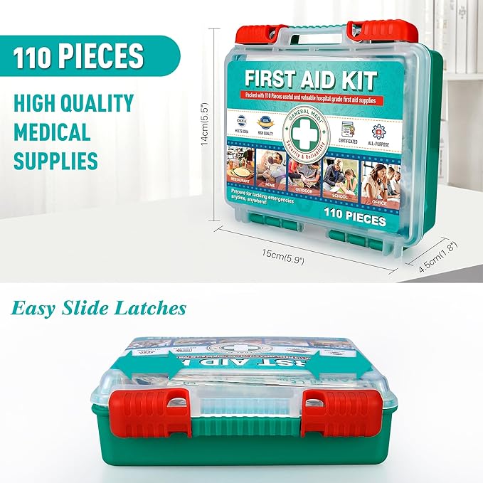 General Medi 110 Pieces Small First Aid Kit - HardCase First Aid Box - Contains Premium Medical