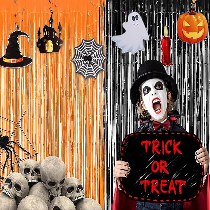 BRAVESHINE 1 Black 1 Orange Tinsel Photo Backdrop Curtains - 3.2x8.2ft Foil Fringe Streamer Curtain