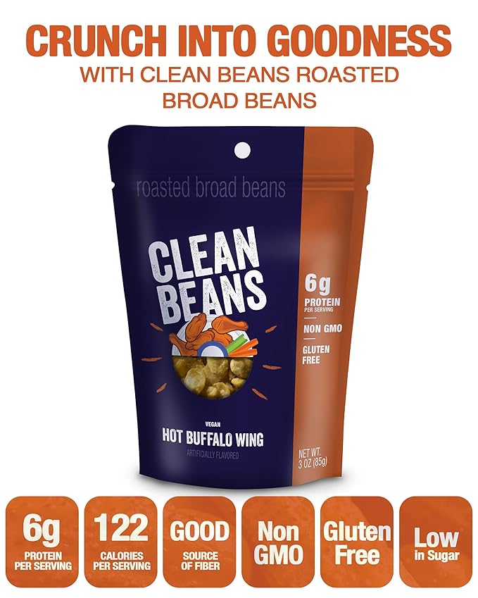 Clean Beans Broad Fava Beans Snack - Hot Buffalo Wing Flavor, 6g Protein, Low Sugar, Non-GMO