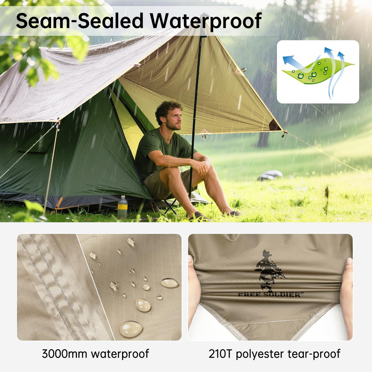 FREE SOLDIER Camping Tarp - 10 x 10.5ft, Waterproof, Beige - product view 3