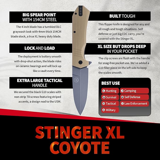 Off-Grid Knives - Stinger XL Folding Knife w. Spear Point Blade, Crucible 154CM Steel, G10 Scales