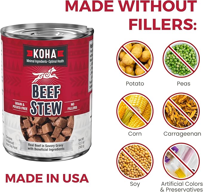 KOHA Minimal Ingredient Beef Stew for Dogs, High Protein Limited Ingredient Dog Food, 12.7oz Cans