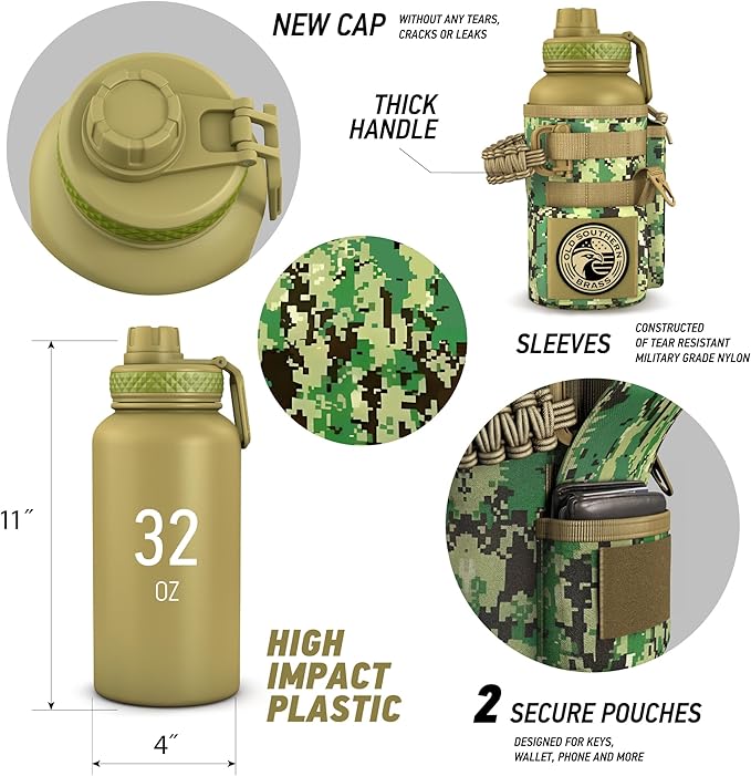 Combat Canteen - 32oz Insulated Water Bottle with Paracord Handle, Stainless Steel Water Jug with