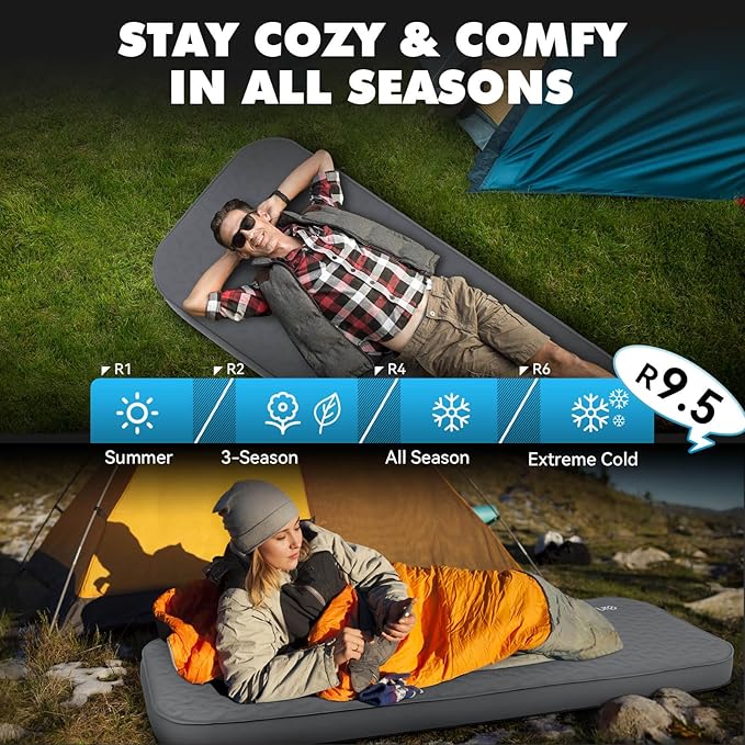 Hikenture 4" Thick Self Inflating Sleeping Pad, Foam & Air Camping Mattress, 9.5 R-Value Insulated