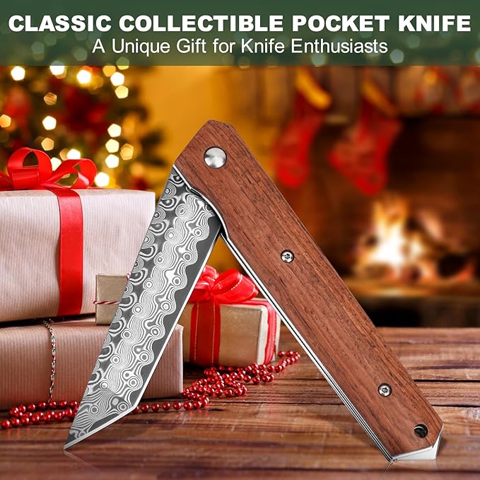 AUBEY Damascus Pocket Knife for Men, Sharp Tanto Blade with VG10 Core Folding Knives with Wooden