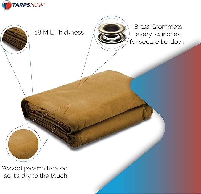 Tarps Now 8x12 ft Heavy Duty Canvas Tarp | 18 MIL Industrial Grade, Tear Resistant, Reinforced