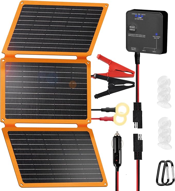 FieryRed 30W Folding Solar Battery Trickle Charger Maintainer, 2-in-1 Portable 12V Solar Trickle