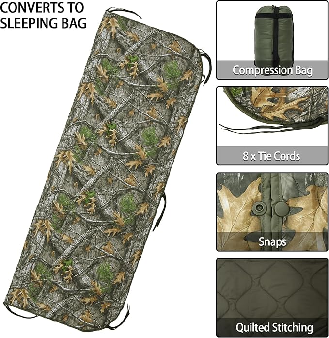 Military Poncho Liner 60”x 79” Camping Blanket Insulation Compact Waterproof for Travel Stadium