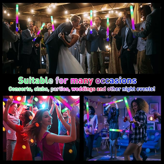 100 Pcs 18.5 inch Foam Glow Sticks Bulk, 4 Color LED Light Foam Sticks, Glow In The Dark Party