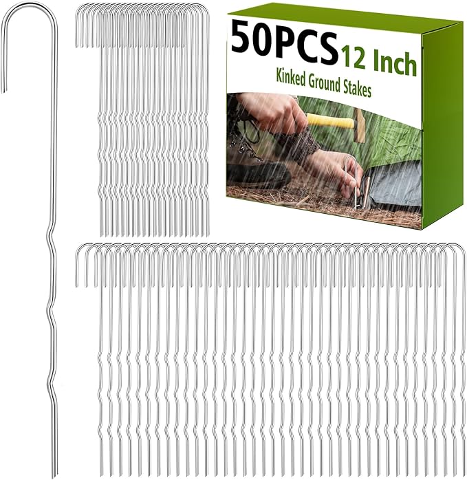 50 Pcs Kinked Ground Stakes 12 Inch Metal Garden Fence Edging Hook Heavy Duty J Shaped Galvanized