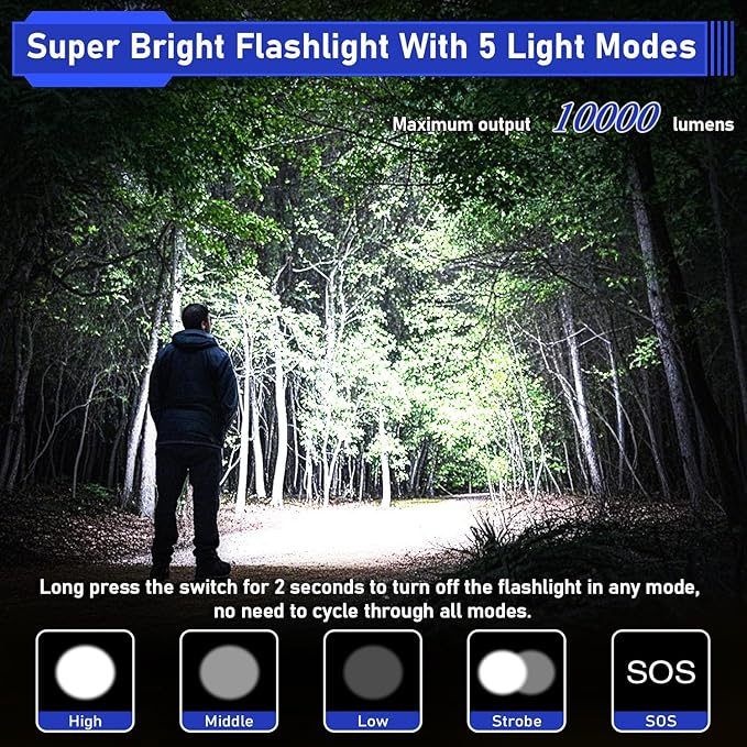 JAY-PARK High Lumen Flashlight - 10000 Lumens, Rechargeable 5000mAh with LCD Display, Zoomable Long