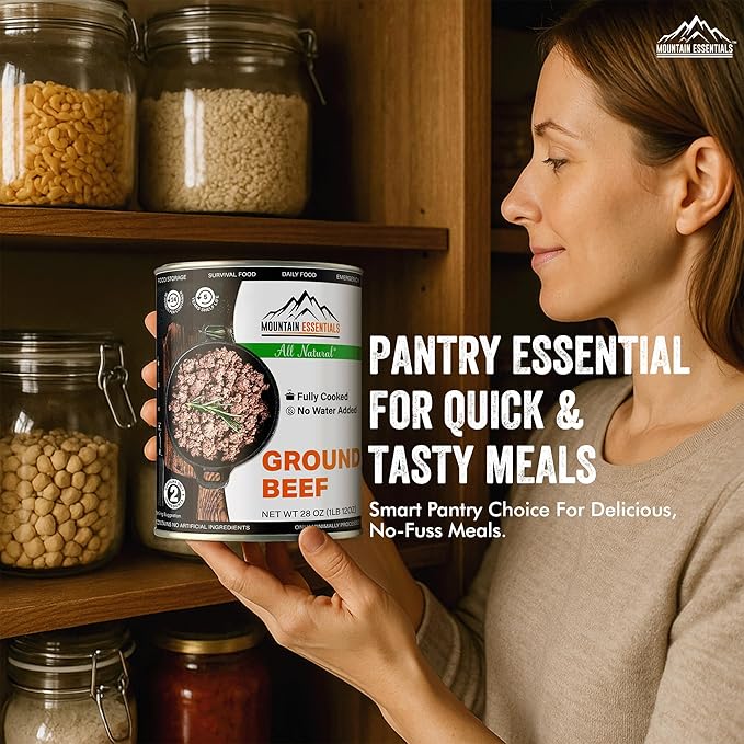 MOUNTAIN ESSENTIALS All Natural Canned Ground Beef 28 Oz – Fully Cooked, Ready to Eat Hamburger