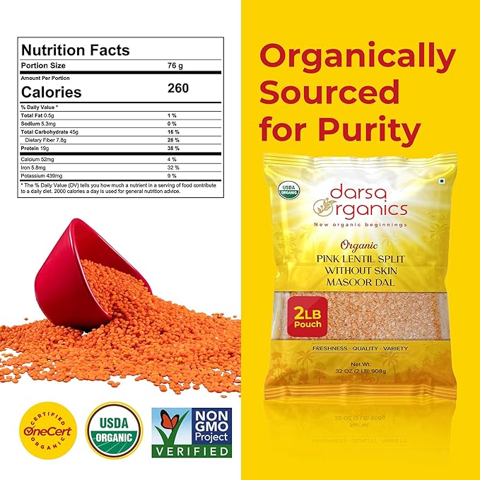 Darsa Organics Split Red Lentils (Masoor Dal) 2 lb |USDA Organic, Non-GMO, Gluten-Free Vegan