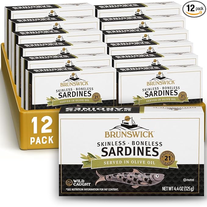 Brunswick Wild Caught Skinless and Boneless Sardines, Served in Olive Oil, 4.4 Ounce (Pack of 12)