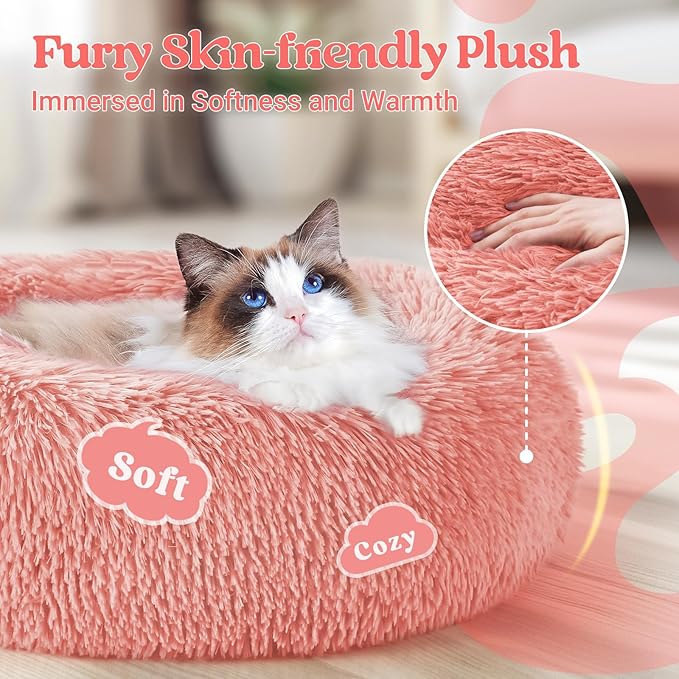 rabbitgoo Cat Beds for Indoor Cats, 20 inches Cat Bed Machine Washable, Fluffy Round Pet Bed