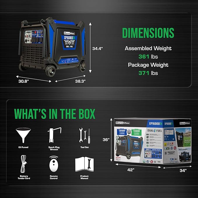DuroMax XP16000iH 16,000-Watt Dual Fuel Portable Digital Inverter Generator - Gas & Propane, Remote