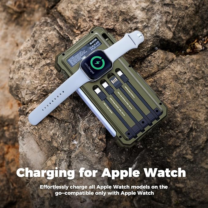 BLAVOR Solar Power Bank 20000mAh/74000mWh Built-in Cables, Wireless Charger for Apple Watch, 20W
