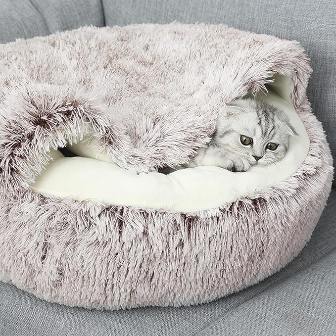 ShinHye Cozy Cat Bed - Round Plush Fluffy Hooded Cave, Indoor/Outdoor, Waterproof & Washable