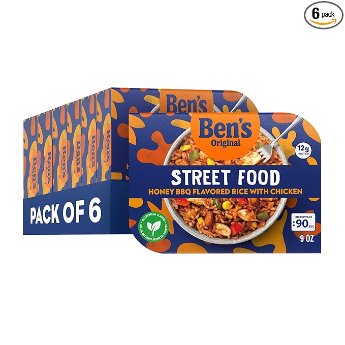 BEN'S ORIGINAL Street Food Honey BBQ Flavored Rice with Chicken, Prepared Entrée, Microwave in 90