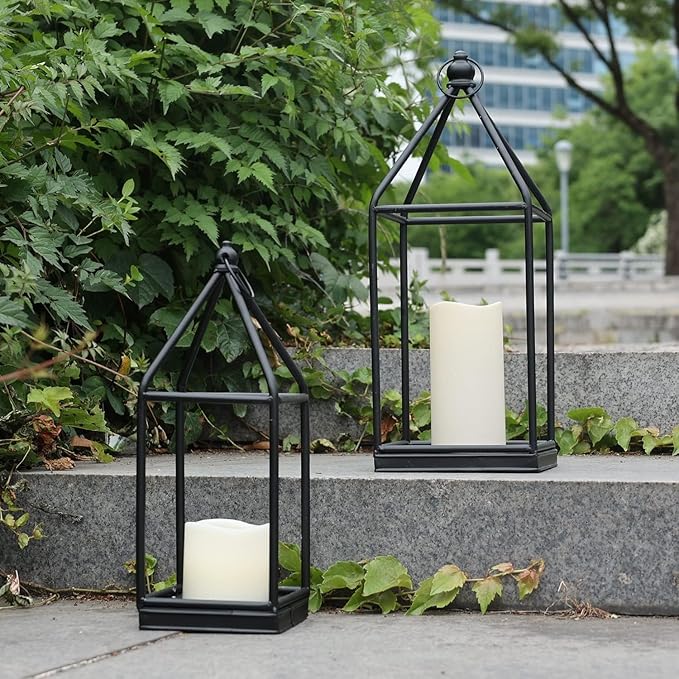 DECORKEY Luxury Lantern Decorative Outdoor&Indoor, Set of 2 (18’’&14’’) Black Metal Lanterns Decor