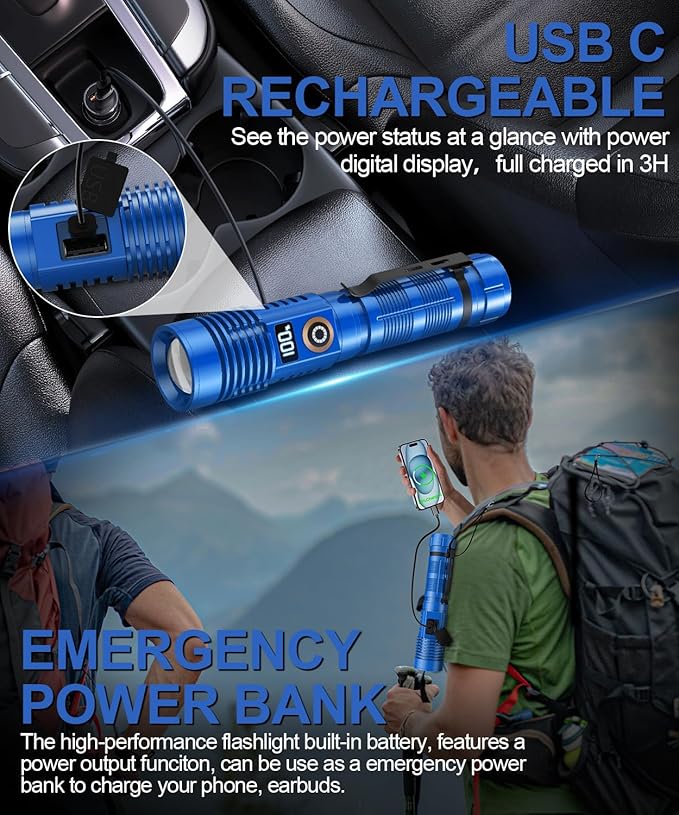 Rechargeable Flashlight High Lumens- Super Bright Magnetic Flash Light with Power Digital Display