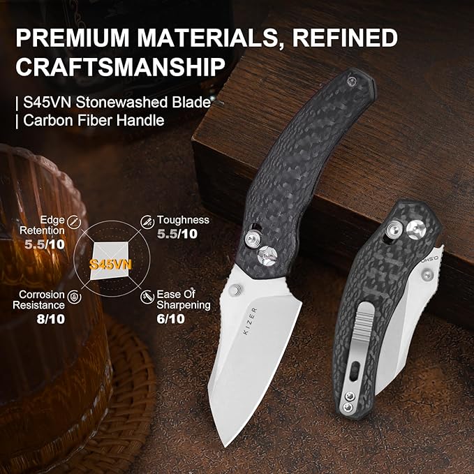 Kizer Mini Bulldog Pocket Knife, 2.5??S45VN Sheepsfoot Blade Folding Knife, Carbon Fiber Handle