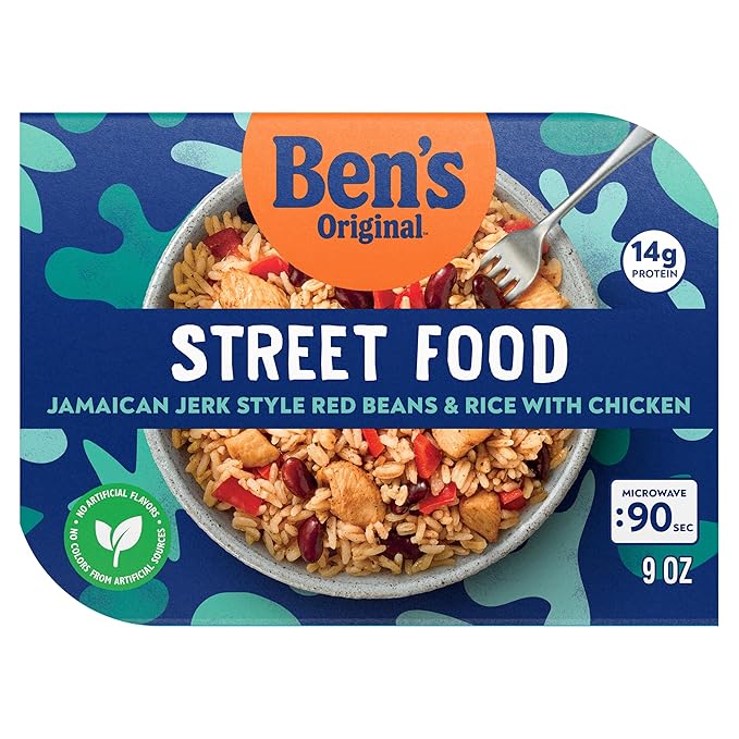 BEN'S ORIGINAL Street Food Jamaican Jerk Style Beans & Rice with Chicken, Prepared Entrée