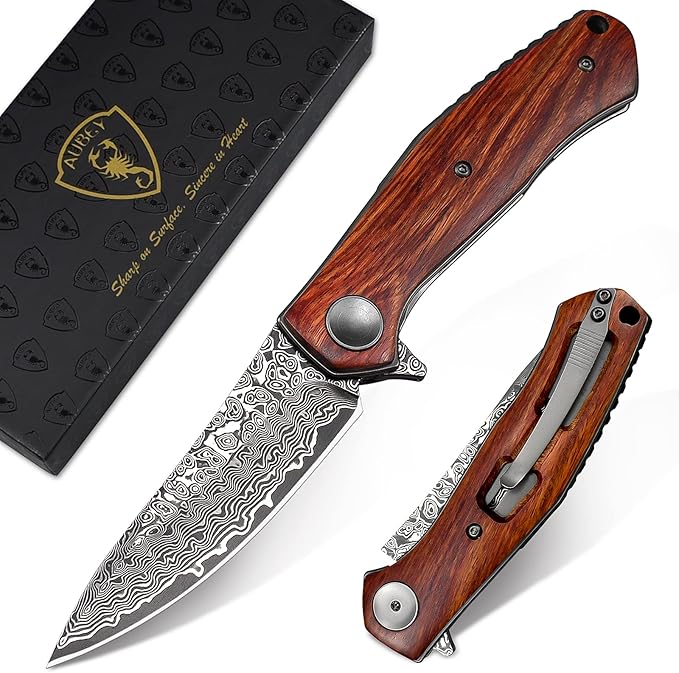 AUBEY Damascus Folding Pocket Knife Handmade with Clip for Men, Damascus Hunting Knife EDC Knife